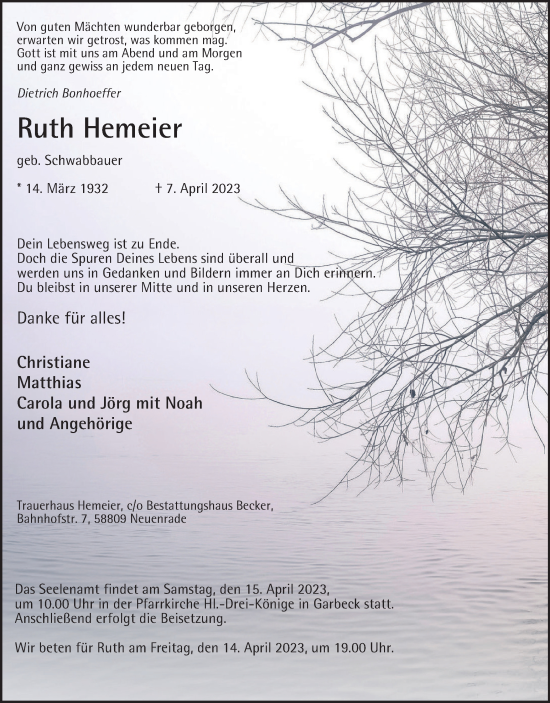 Traueranzeige von Ruth Hemeier von Tageszeitung