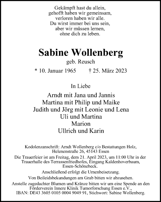 Traueranzeige von Sabine Wollenberg von Tageszeitung