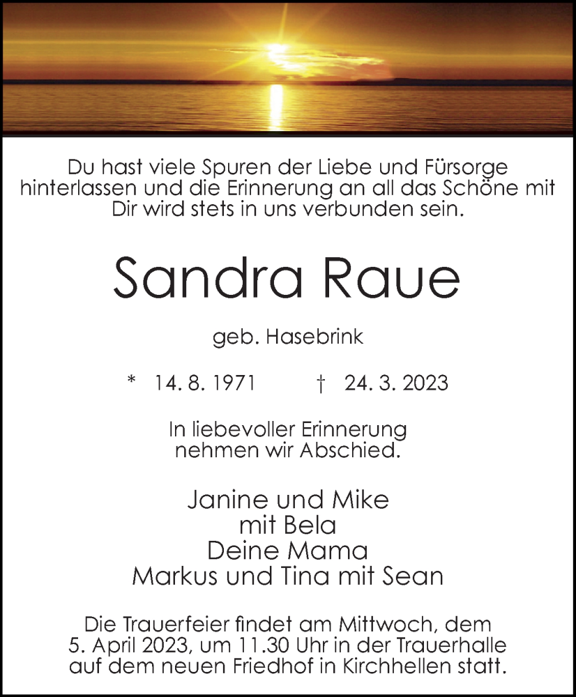  Traueranzeige für Sandra Raue vom 01.04.2023 aus Tageszeitung