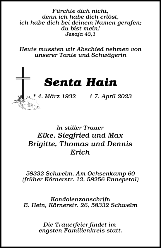 Traueranzeige von Senta Hain von Tageszeitung
