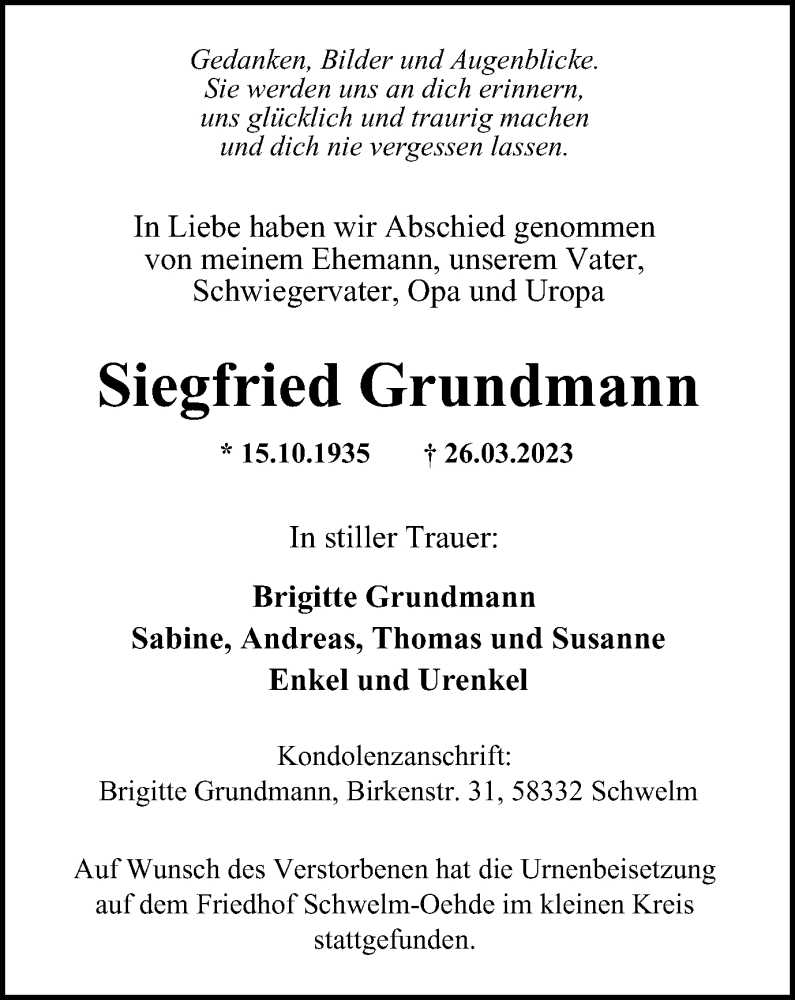  Traueranzeige für Siegfried Grundmann vom 22.04.2023 aus Tageszeitung