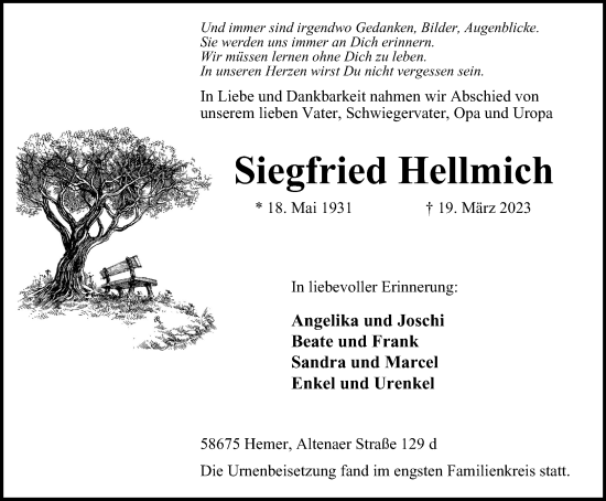 Traueranzeige von Siegfried Hellmich von Tageszeitung