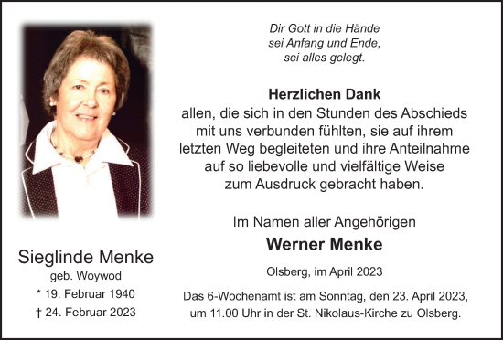 Traueranzeige von Sieglinde Menke von Tageszeitung