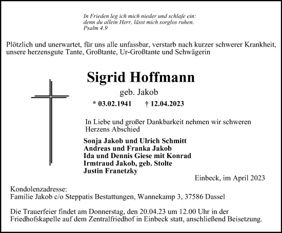 Traueranzeige von Sigrid Hoffmann von Tageszeitung