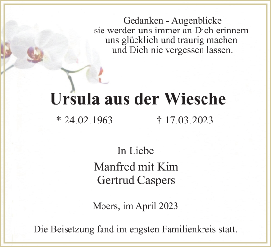 Traueranzeige von Ursula aus der Wiesche von Tageszeitung