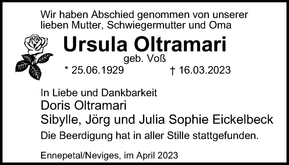  Traueranzeige für Ursula Oltramari vom 06.04.2023 aus Tageszeitung