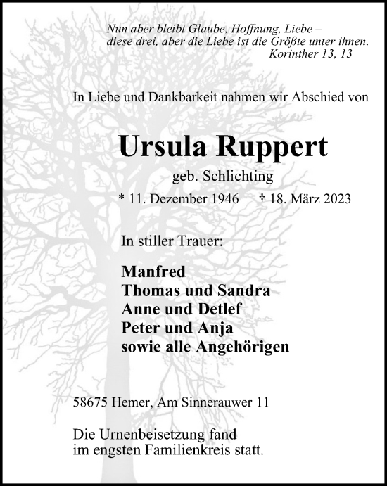 Traueranzeige von Ursula Ruppert von Tageszeitung