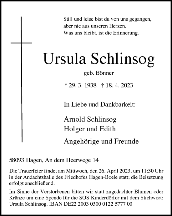 Traueranzeige von Ursula Schlinsog von Tageszeitung