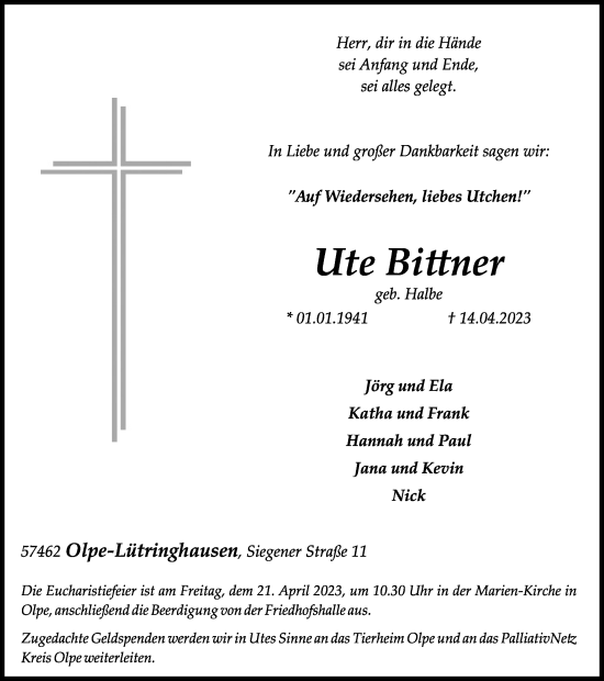 Traueranzeige von Ute Bittner von Tageszeitung