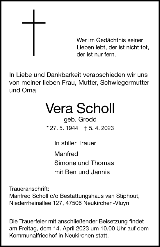 Traueranzeige von Vera Scholl von Tageszeitung