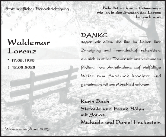 Traueranzeige von Waldemar Lorenz von Tageszeitung