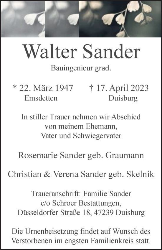 Traueranzeige von Walter Sander von Tageszeitung