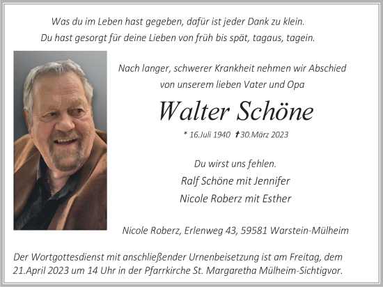 Traueranzeige von Walter Schöne von Tageszeitung