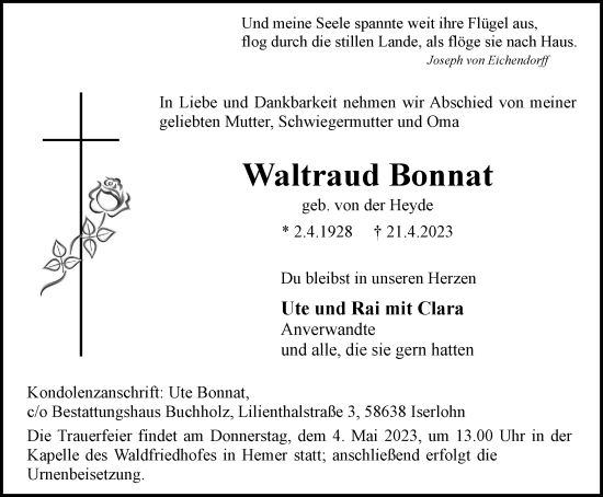 Traueranzeige von Waltraud Bonnat von Tageszeitung