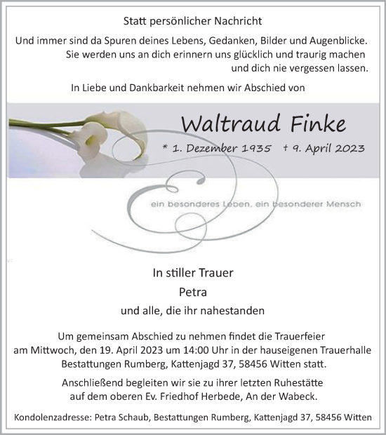 Traueranzeige von Waltraud Finke von Tageszeitung