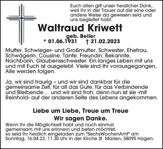 Traueranzeige von Waltraud Kriwett von Tageszeitung