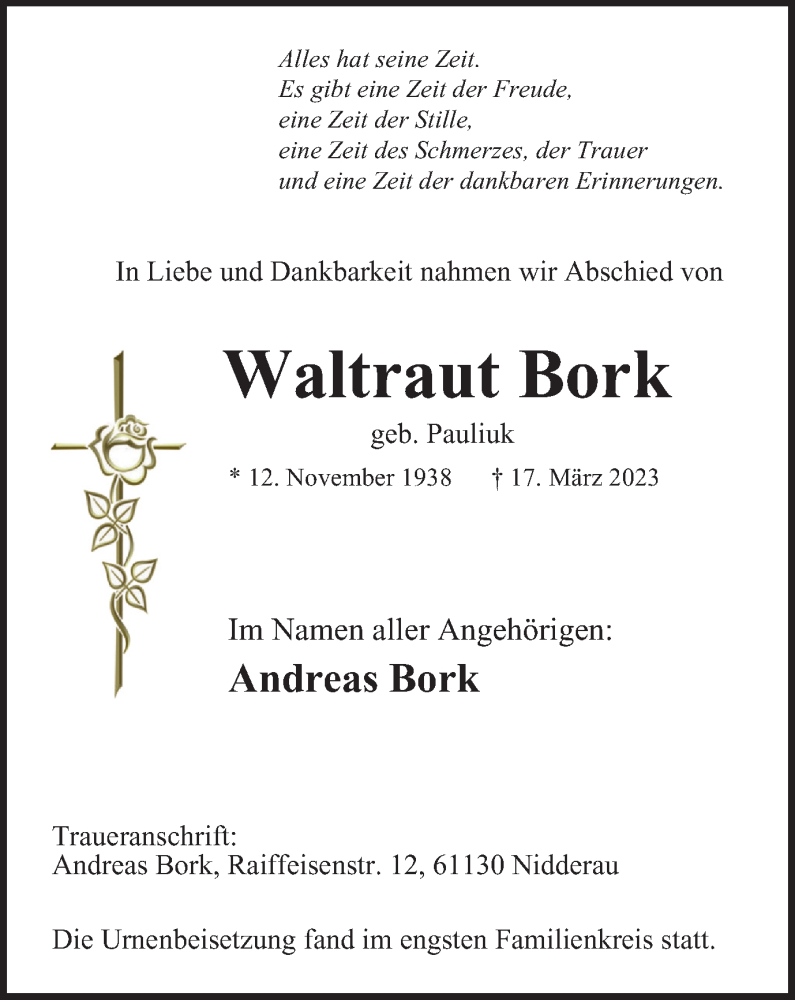  Traueranzeige für Waltraut Bork vom 08.04.2023 aus Tageszeitung