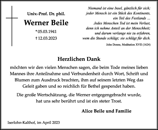 Traueranzeige von Werner Beile von Tageszeitung