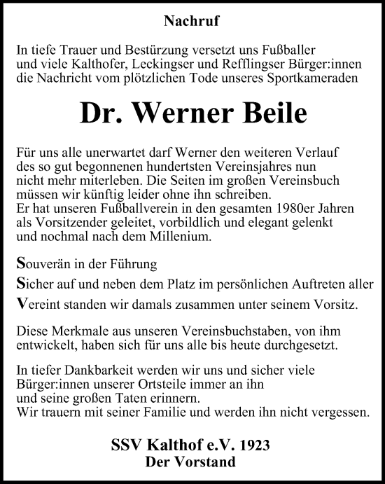 Traueranzeige von Werner Beile von Tageszeitung