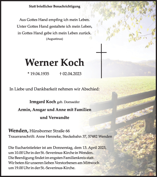 Traueranzeige von Werner Koch von Tageszeitung