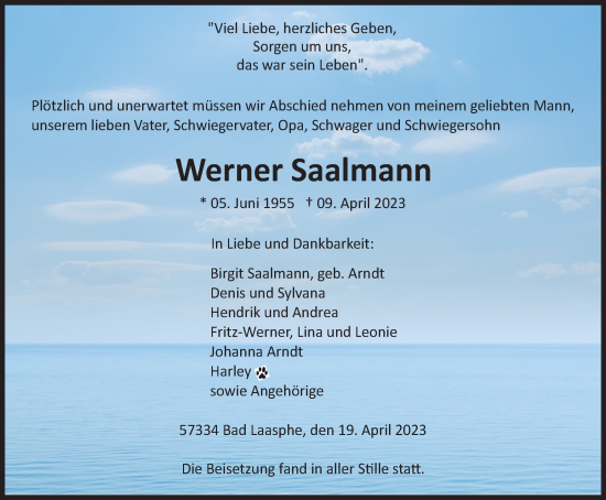 Traueranzeige von Werner Saalmann von Tageszeitung