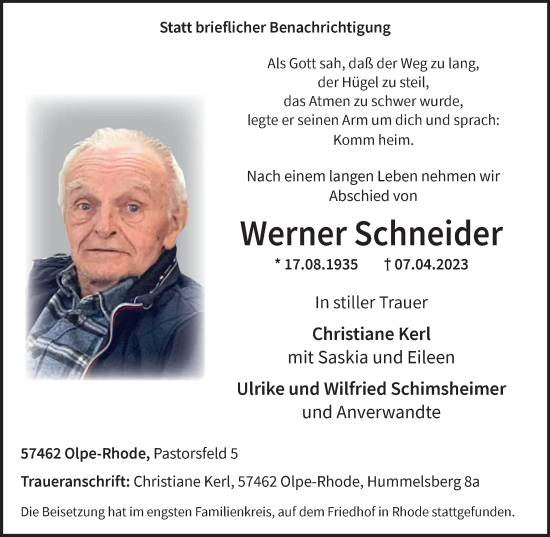 Traueranzeige von Werner Schneider von Tageszeitung