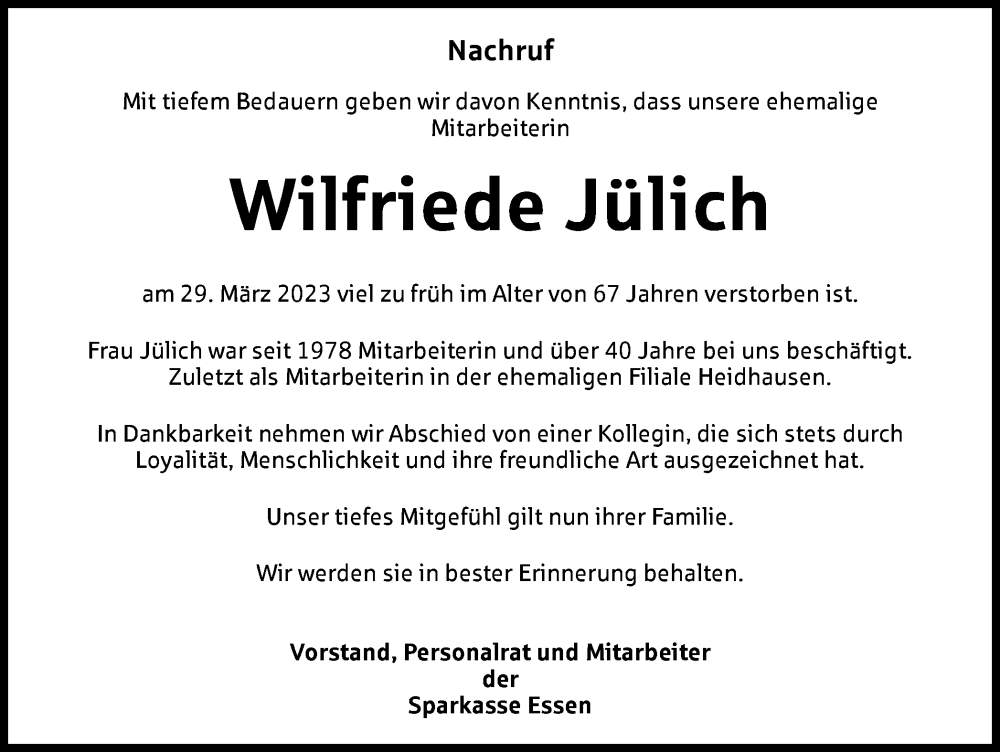  Traueranzeige für Wilfriede Jülich vom 13.04.2023 aus Tageszeitung