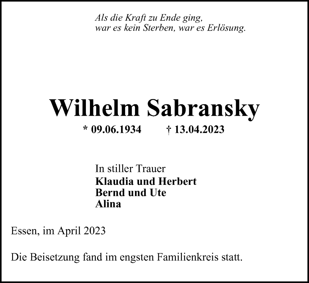  Traueranzeige für Wilhelm Sabransky vom 22.04.2023 aus Tageszeitung