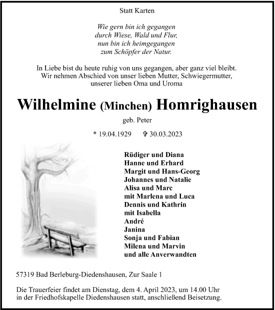 Traueranzeige von Wilhelmine  Homrighausen von Tageszeitung