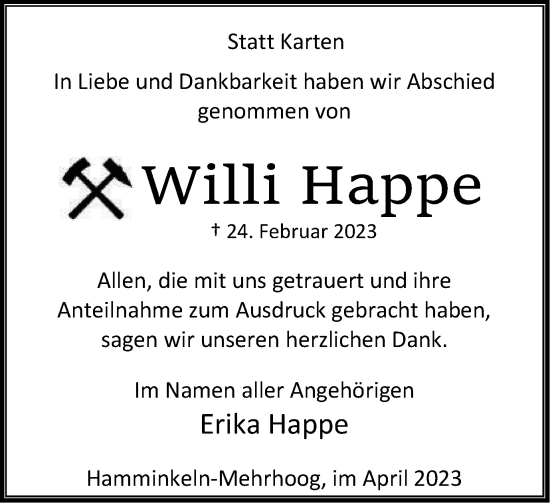 Traueranzeige von Willi Happe von Tageszeitung