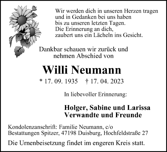 Traueranzeige von Willi Neumann von Tageszeitung