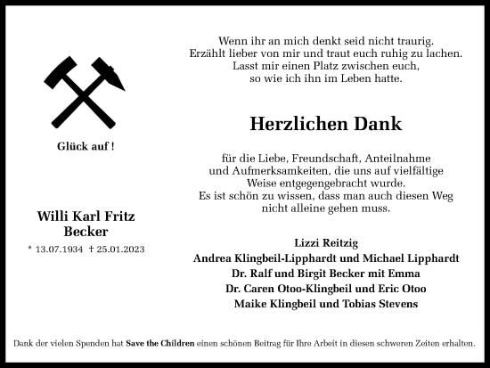 Traueranzeige von Willi Karl Fritz Becker von Tageszeitung