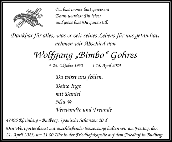 Traueranzeige von Wolfgang Gohres von Tageszeitung