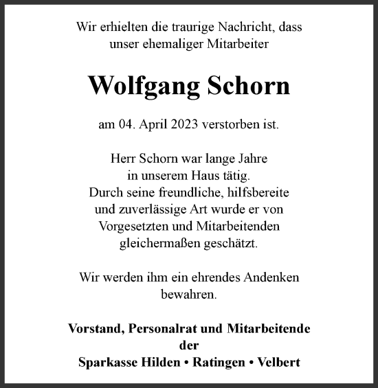Traueranzeige von Wolfgang Schorn von Tageszeitung
