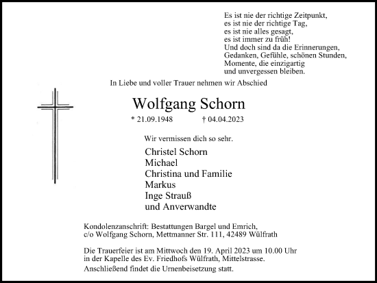 Traueranzeige von Wolfgang Schorn von Tageszeitung