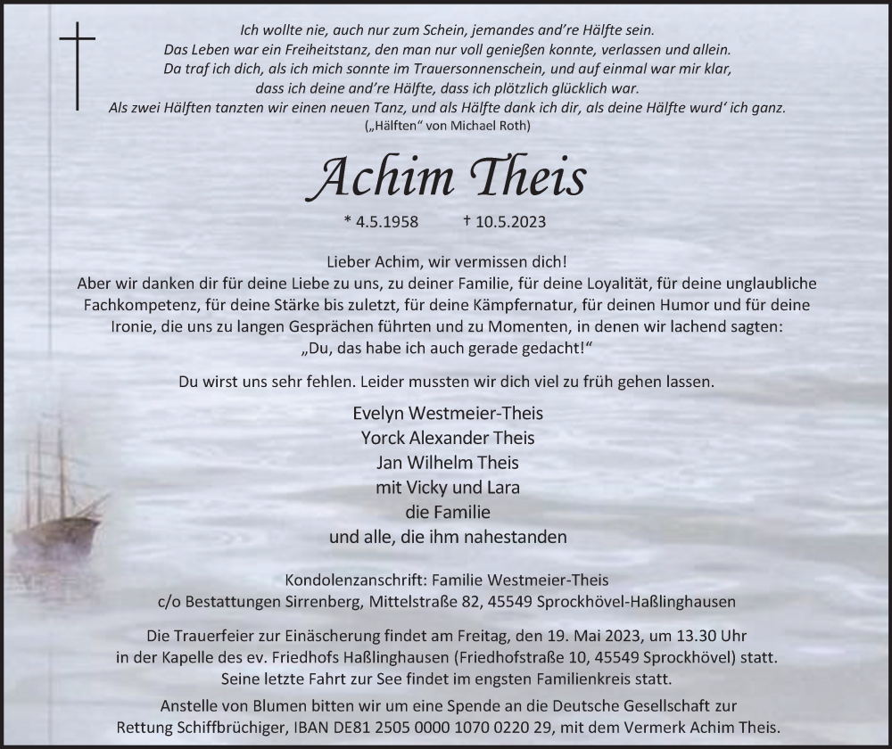  Traueranzeige für Achim Theis vom 17.05.2023 aus Tageszeitung