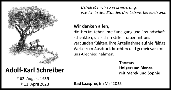 Traueranzeige von Adolf-Karl Schreiber von Tageszeitung