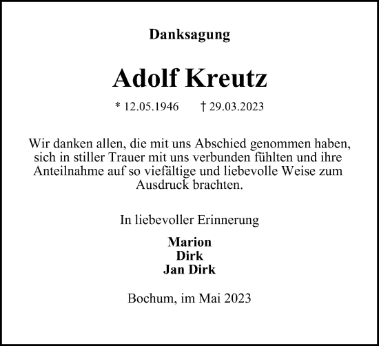 Traueranzeige von Adolf Kreutz von Tageszeitung