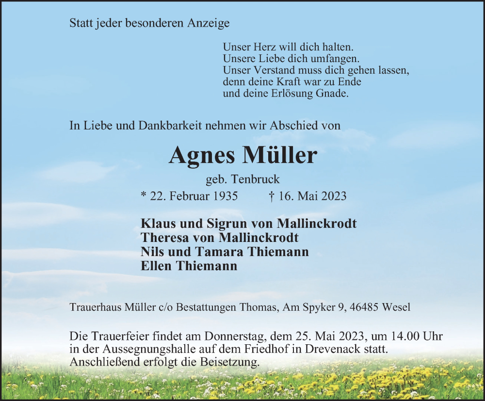  Traueranzeige für Agnes Müller vom 23.05.2023 aus Tageszeitung