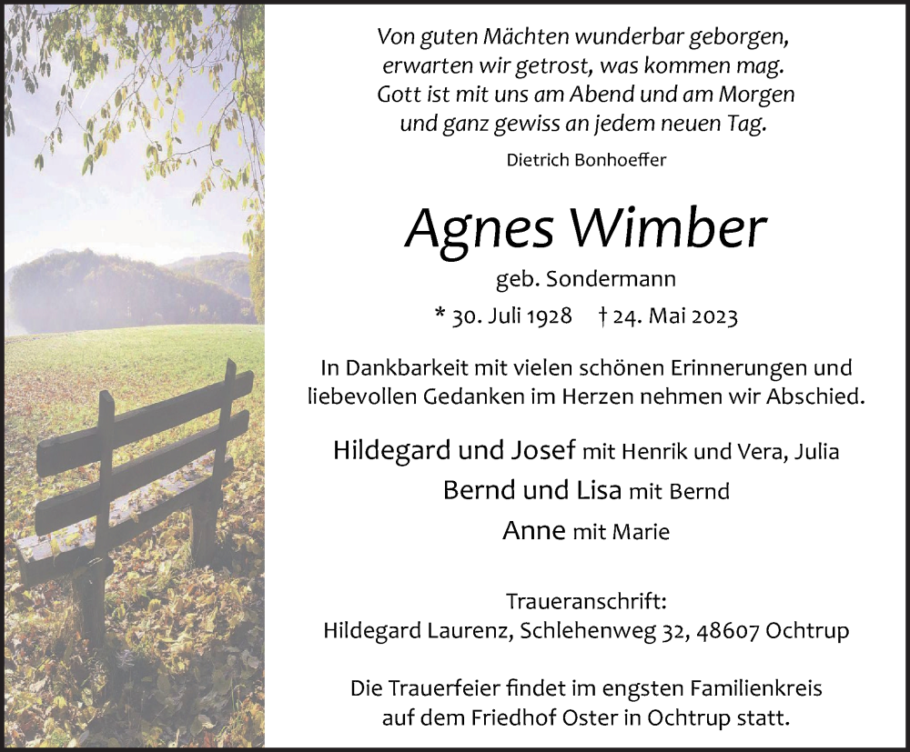  Traueranzeige für Agnes Wimber vom 27.05.2023 aus Tageszeitung