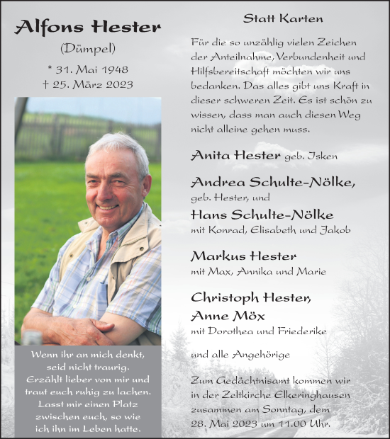 Traueranzeige von Alfons Hester von Tageszeitung