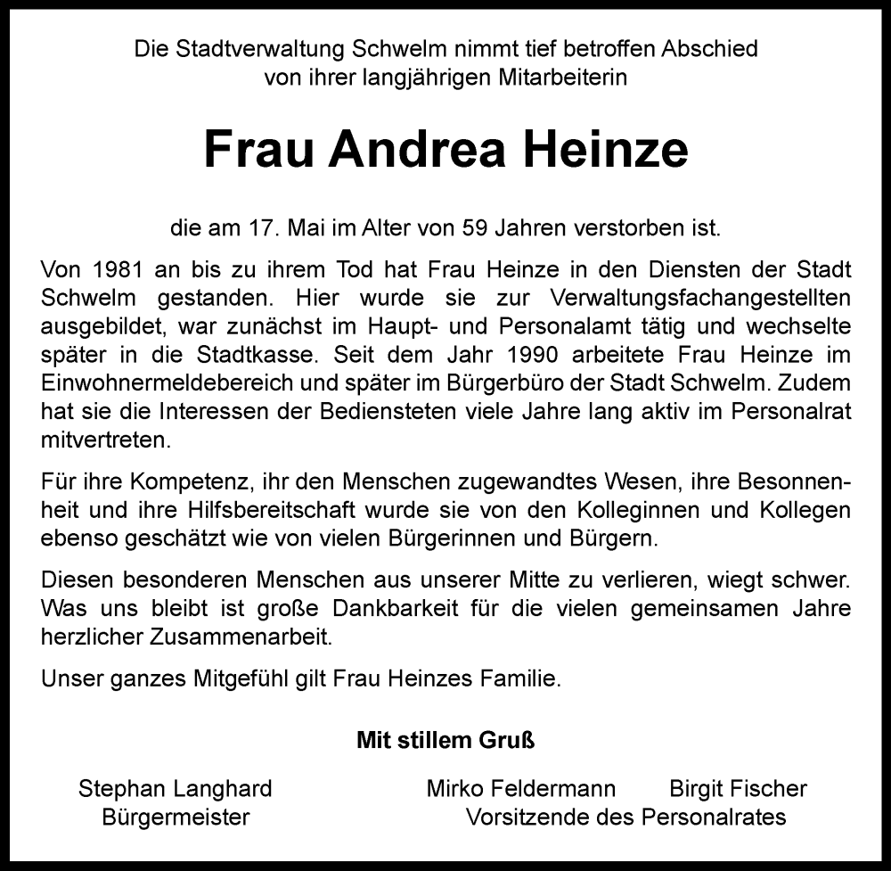  Traueranzeige für Andrea Heinze vom 27.05.2023 aus Tageszeitung