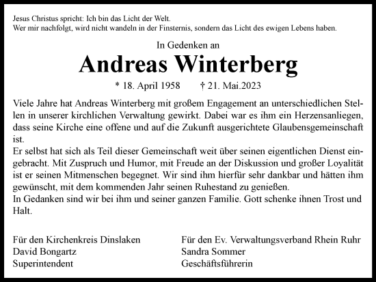 Traueranzeige von Andreas Winterberg von Tageszeitung