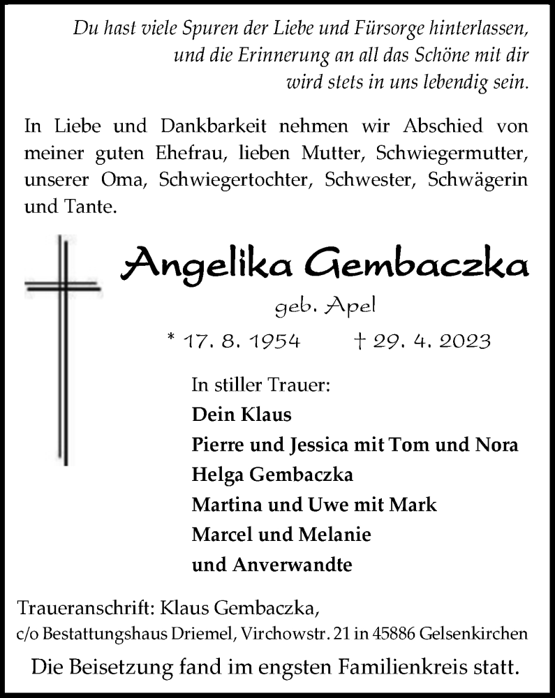  Traueranzeige für Angelika Gembaczka vom 10.05.2023 aus Tageszeitung
