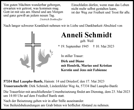 Traueranzeige von Anneli Schmidt von Tageszeitung
