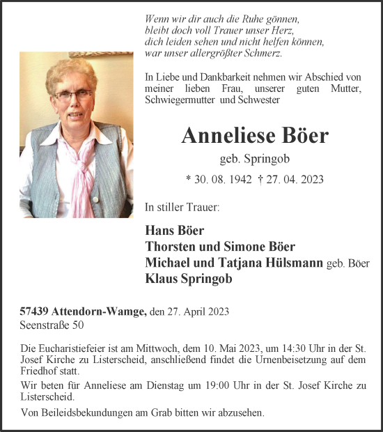 Traueranzeige von Anneliese Böer von Tageszeitung