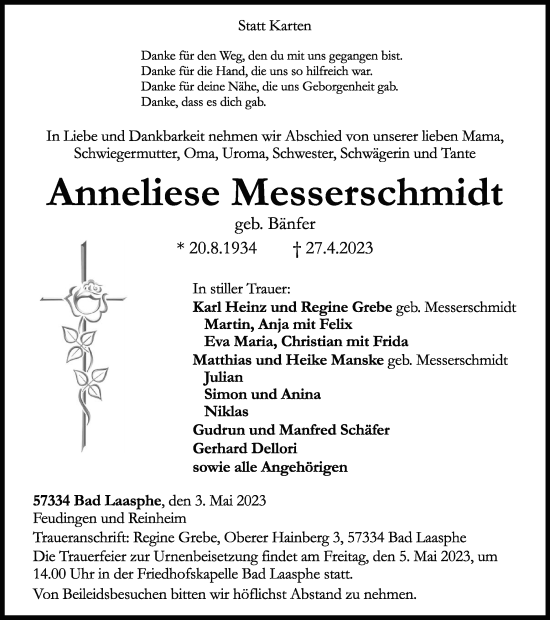 Traueranzeige von Anneliese Messerschmidt von Tageszeitung