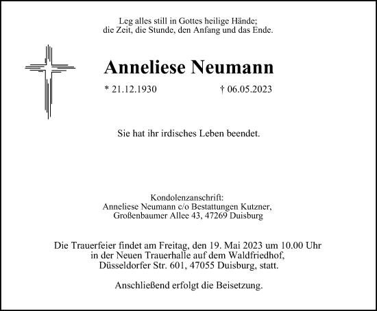 Traueranzeige von Anneliese Neumann von Tageszeitung