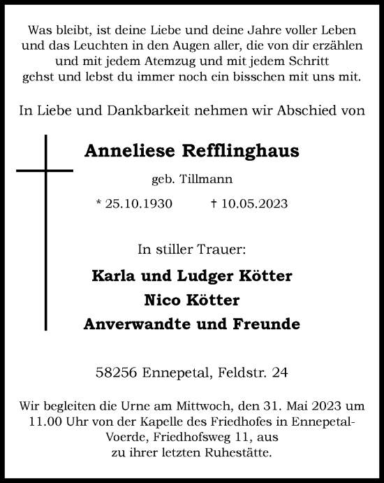 Traueranzeige von Anneliese Refflinghaus von Tageszeitung