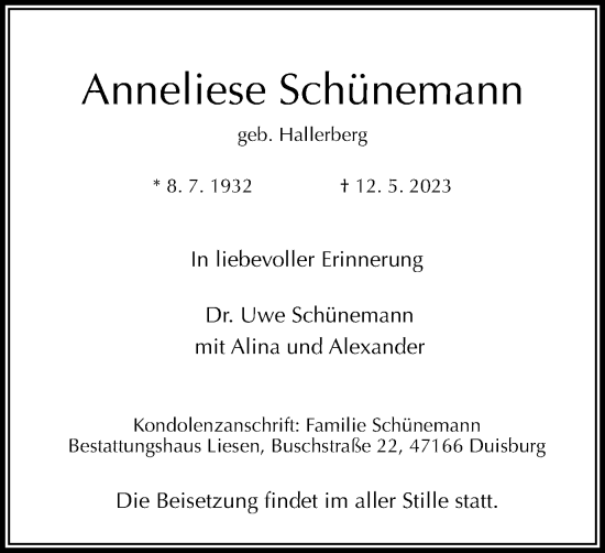 Traueranzeige von Anneliese Schünemann von Tageszeitung